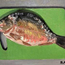Vadim Amelichev: 'Fish on cutting board', 2016 Oil Painting, Still Life. 
