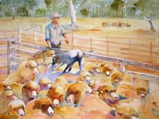 Roderick Brown: 'Get of My Baa  ck', 2008 Watercolor, Farm. Artist Description:  Sheep dog at work ...