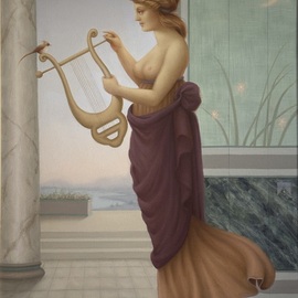 Ronald Weisberg: ' A lyre', 2001 Oil Painting, Beauty. Artist Description: music, lyre, marble column, female, profile, flower box, landscape...