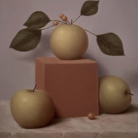 Ronald Weisberg: 'apple 1', 2017 Oil Painting, Still Life. Artist Description: golden apples, leaves, marble table, berries, box...