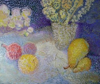 Reiner Poser: 'pomegranats and pears', 2020 Oil Painting, Still Life. Fruits and flowers in oil painting,Pointillism- painting...
