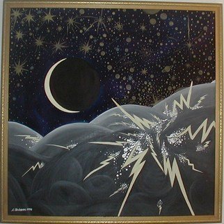 Cathy Dobson: 'Almost New', 1994 Oil Painting, Astronomy. Original Illuminated oil painting from the Cosmic Collection. Partly primed and unprimed linen canvas has phosphorescent highlights that glow in the dark or under black lights....