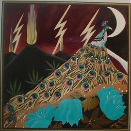 Cathy Dobson: 'Burning Volcanos', 1991 Oil Painting, Birds. Artist Description:   In The Wild Marijuana Collection.Partly primed and unprimed textured linen canvas with phosphorescent highlights that glow in the dark or under black lights. Peacock with blur roses and burning volcanos.Original Illuminated Oil Painting....