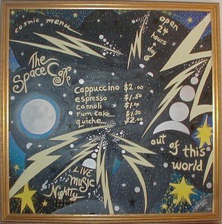 Cathy Dobson: 'Cosmic Menu', 1994 Oil Painting, Space.   Cosmic Collection.Original Illuminous Oil Painting.Partly primed and unprimed textured linen canvas has highlighted phosphorescent outer space and menu options that glow in the dark or under black lights....