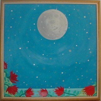Cathy Dobson: 'Full Moon', 1994 Oil Painting, Astronomy.   Cosmic Collection.Gorgeous Full Moon with distant stars- glows in the dark or under black lights.Original Illuminated Oil painting.Textured partly primed and unprimed linen canvas....