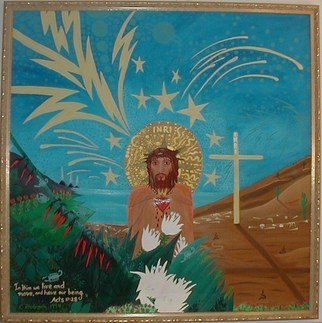 Cathy Dobson: 'Jesus Christ', 1994 Oil Painting, Christian. Original Oil painting with phosphorescent highlights that glow in the dark or under black lights. Features Bible quote-  Acts 11: 28 In Him we live and move and have our being.Partly primed and unprimed linen canvas....