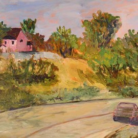 Roz Zinns: 'Pink House', 2009 Acrylic Painting, Landscape. Artist Description:  A quiet side street with a pink house outside of town. ...