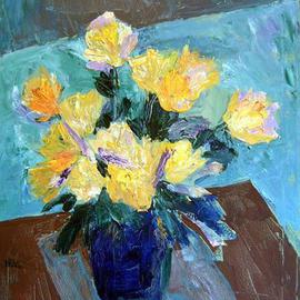 Roz Zinns: 'Roses in a Blue Vase', 2004 Acrylic Painting, Floral. Artist Description: Yellow roses textured heavily with a painting knife.  Contemporary interpretation with blues and browns....