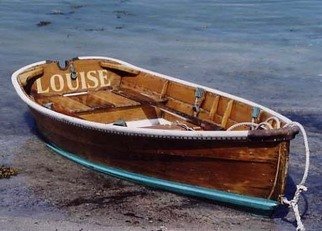 Ruth Zachary: 'Louise', 2004 Color Photograph, Boating.  Beautiful wooden skiff on Fish Beach, Monhegan Island, Maine. Note the classy contrasting aqua/ turquoise blue stripe.  Christened LOUISE.  5 x 7 in an 11 x 14 acid free mat.  Signed and titled.  Larger size available. Enjoy! ...