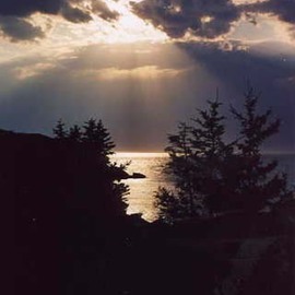 Ruth Zachary: 'Night Shine', 2012 Color Photograph, Sky. Artist Description: A rare sunset sky, rays bursting amid clouds of gray, over silver sea, trees in silhouette. ...