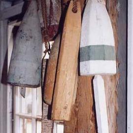 Ruth Zachary: 'Old Buoys', 2001 Color Photograph, Boating. Artist Description: Original old wooden lobster buoys, Maine, USA!  Now retired after many years floated on the sea to mark the location of the lobster traps. Classic shapes, fine textures and subtle New England colors. Monhegan Island. Maine. 11 x 14