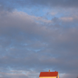 Ruth Zachary: 'Sylvias Sky', 2006 Color Photograph, Sky. Artist Description:  Big blue sky mottled by white and gray clouds over the spot of red roof of the old lighthouse keepers house. Surreal, atmospheric.  Remote Monhegan Island 10 miles off the coast of Maine, USA.  11 x 14