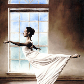 Richard Young: 'Divine Grace', 2009 Oil Painting, Dance. Artist Description: Fine art original oil painting on a stretched 91cm x 61cm cotton canvas created using a knife.  Theres a very high level of fine detail in this carefully composed, contemporary but photo- realistic painting.  The modern dance ballerina is simply beautiful.  Its a simple, soft and gentle composition, ...