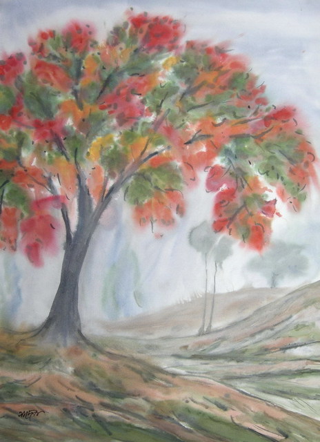 Artist Sadek Ali. 'Fire Tree' Artwork Image, Created in 2009, Original Watercolor. #art #artist