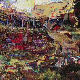 Safir Art: 'autumnal plains', 2021 Oil Painting, Abstract Landscape. Artist Description: This painting is inspired by a composition of a landscape in autumn and reimagined in an abstract vision of the autumnal plains.  The lines, strokes, and forms suggest a landscape with a luminous sky, a forest with a river that converts into a small pouring cascade in the ...