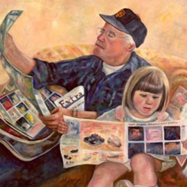 Sally Arroyo: 'SUNDAY MORNING ', 2015 Oil Painting, Family. Artist Description:  GRANDPA AND GRANDDAUGHTER READING THE SUNDAY PAPER BONDING TOGETHER- ENGROSSED IN EACH SUBJECT MATTER 'DO NOT DISTURB'Size 36