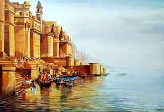 Samiran Sarkar: 'varanasi ghats early morning', 2020 Acrylic Painting, Cityscape. Morning Varanasi Ghats at Early Morning, Boats , Water , People   Architecture are main composition of this Painting. Acrylic on canvas painting. ...