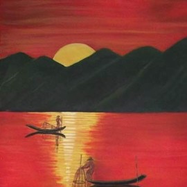 Sandra Tingalay: 'lake placid and leg rowers iii', 2021 Acrylic Painting, Nature. Artist Description: I like the scenery from Lake Placid, Inn Lay, Myanmar.I value their traditional fishing style and leg rowing.I love their fishing boats.I amaze their ridges of mountains.I mesmerize the naturally- grown flowers, trees, and water lilies etc.The combination of all these valuable scenes ...