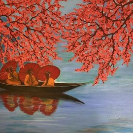 Sandra Tingalay: 'lake placid and leg rowers iii', 2021 Acrylic Painting, Nature. Artist Description: I like the scenery from Lake Placid, Inn Lay, Myanmar.I value their traditional fishing style and leg rowing.I love their fishing boats.I amaze their ridges of mountains.I mesmerize the naturally- grown flowers, trees, and water lilies etc.The combination of all these valuable scenes ...