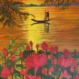 Sandra Tingalay: 'rising sun and lake placid ii', 2021 Acrylic Painting, Nature. Artist Description: I like the scenery from Lake Placid, Inn Lay, Myanmar.I value their traditional fishing style and leg rowing.I love their fishing boats.I amaze their ridges of mountains.I mesmerize the naturally- grown flowers, trees, and water lilies etc.The combination of all these valuable scenes ...