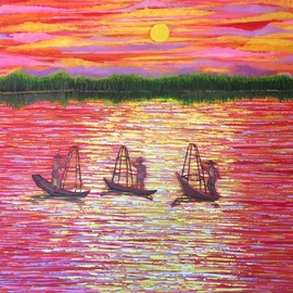 Sandra Tingalay: 'rising sun and lake placid iv', 2021 Acrylic Painting, Nature. Artist Description: I like the scenery from Lake Placid, Inn Lay, Myanmar.I value their traditional fishing style and leg rowing.I love their fishing boats.I amaze their ridges of mountains.I mesmerize the naturally- grown flowers, trees, and water lilies etc.The combination of all these valuable scenes ...