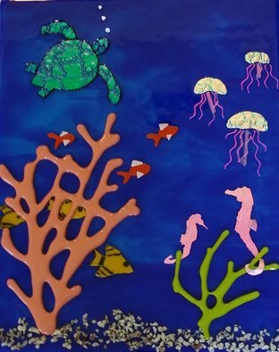 Sandy Feder: 'deep blue sea', 2016 Fused Glass, Sea Life. Underwater scene with 2 seahorses, coral, turtle and jellyfish...
