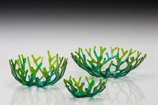 Sandy Feder: 'green coral bowl set', 2017 Fused Glass, Sea Life. This green coral bowl set has 3 bowls that nest inside each other.  Nested they are 14 inches diameter and about 5 inches tall.  The base is transparent emerald green and tips are transparent lime green. ...