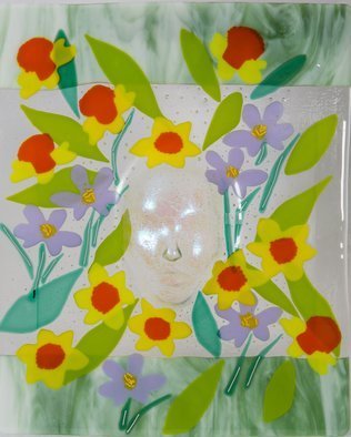 Sandy Feder: 'mother nature spring', 2016 Fused Glass, Abstract Landscape. Artist Description: Mother Nature is peering out from Spring Flowers and leaves to see how humans react to her miracle of Spring, dichroic glass...