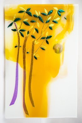 Sandy Feder: 'summer trees', 2016 Fused Glass, Abstract Landscape. Artist Description: 3 Trees and hot summer sun, dichroic glass, gold, green, shimmering...