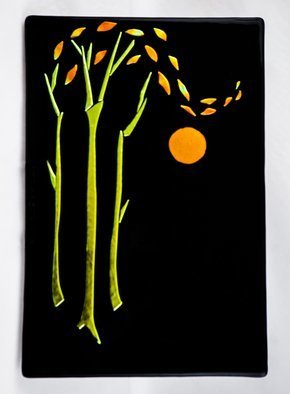 Sandy Feder: 'three trees in fall', 2016 Fused Glass, Abstract Landscape. Three trees in Fall, dichroic glass, black, gold, orange...