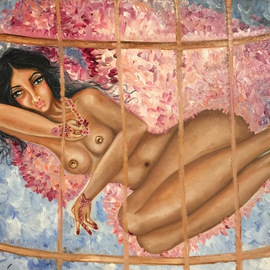 Sangeetha Bansal: 'Golden cage', 2016 Oil Painting, People. Artist Description:  Original oil painting of an angel in a golden cage. She is trapped in it and cannot leave. She has been kept as a prisoner by someone that supposedly loves her too much. He wants to have her all to himself and wont let her go. This is ...