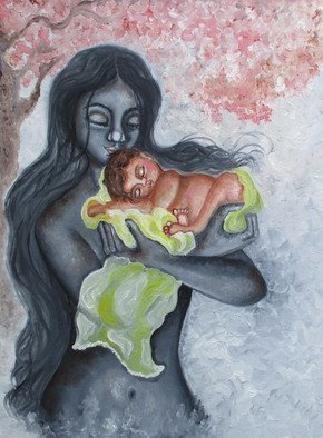 Sangeetha Bansal: 'embrace', 2018 Oil Painting, Family. Original oil painting of a mother embracing her child. There is love and tenderness in her gesture. The baby is sleeping peacefully in her mothers arms. This art is a tribute to mothers all over the world. It is my way of thanking them for their selfless, tireless devotion and ...