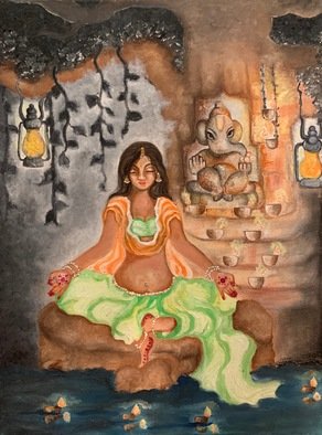 Sangeetha Bansal: 'meditating with ganesha', 2019 Oil Painting, Spiritual. Ganesha or Ganapati is the most well known Hindu deity. Ganesha is widely revered as the remover of obstacles. As the god of beginnings, he is honoured at the start of rites and ceremonies and worshipped before beginning any task.Ganesha has the head of an elephant and body of ...