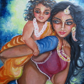 Sangeetha Bansal: 'playing with child', 2018 Oil Painting, Family. Artist Description: Original oil painting of a mother playing with her child. The art depicts the Hindu God Krishna as a baby, enjoying with his divine mother- Yashoda. He is riding on his mother s back and laughing blissfully. The art is tender, filled with love. It captures a beautiful, ...
