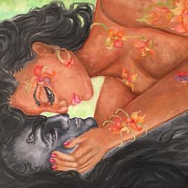 Sangeetha Bansal: 'season of love', 2016 Oil Painting, People. Artist Description: Original oil painting of lovers. The woman has flowers painted over her and shes colorful. The guy is painted in dark colors as he is still unsure of any emotion touching him.The art signifies love that was stagnant, but is now starting to bloom. .love, bloom, woman, ...