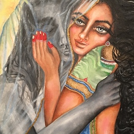 Sangeetha Bansal: 'two halves of a soul', 2018 Oil Painting, Love. Artist Description: Original oil painting of lovers embracing. The woman is protective and possessive of her beloved. That emotion is depicted by the lover covered by her veil. She holds him tenderly, as if to shelter him from all troubles. She wants nothing to harm him. He is secure in ...
