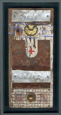 Robert H. Stockton: 'Approaching Fear', 1998 Assemblage, Abstract. This assemblage is created on a piece of weathered wood, from pieces of rusted steel, weathered aluminum, rusted wire screening and mesh, and includes acrylic paint, and gold leaf, and some small pieces from old maps.  The words 