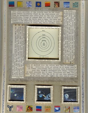 Robert H. Stockton: 'Copernicus', 2007 Mixed Media, Astronomy. Artist Description:  This mixed media piece incorporates a variety of found and traditional artist' s materials, and is enclosed in a black, wood shadow box, under glass as it contains several three dimensional elements.  Materials used include: weathered canvas, old newspapers, text from old astronomy books, typewritten text on aged ...