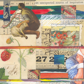 Robert H. Stockton: 'Saving Your Own Life', 2007 Mixed Media, Figurative. Artist Description:  This small mixed media piece incorporates a wide variety of found materials including old maps, hand colored engravings, matchbox labels and artwork from prayer cards, as well as acrylic paint.  The art work is 4 x 4 and it is matted with white museum board, and framed, under ...