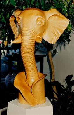 Michael Semsch: 'Trunked', 1994 Wood Sculpture, Animals.  Trunked depicts an elephant head supported by its trunk. The material is sugar pine. ...