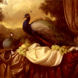 Dmitry Sevryukov: 'jealous peacock', 2011 Oil Painting, Birds. Artist Description: Realism needs rehabilitation and a Flemish- style still life is exactly what is needed for this. I try to work with respect to the masters of previous eras and to the standards of painting of the Middle Ages. I hope that what I do will appeal to lovers ...