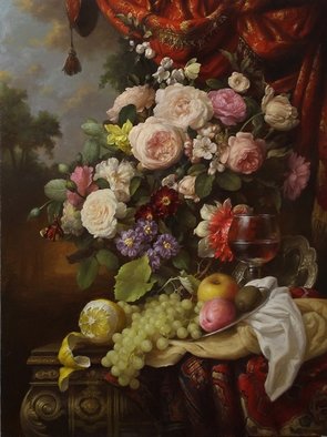 Dmitry Sevryukov: 'red drapery flowers', 2015 Oil Painting, Still Life. Realism needs rehabilitation and a Flemish- style still life is exactly what is needed for this. I try to work with respect to the masters of previous eras and to the standards of painting of the Middle Ages. I hope that what I do will appeal to lovers of painting ...
