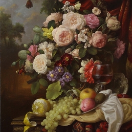 Dmitry Sevryukov: 'red drapery flowers', 2015 Oil Painting, Still Life. Artist Description: Realism needs rehabilitation and a Flemish- style still life is exactly what is needed for this. I try to work with respect to the masters of previous eras and to the standards of painting of the Middle Ages. I hope that what I do will appeal to lovers ...