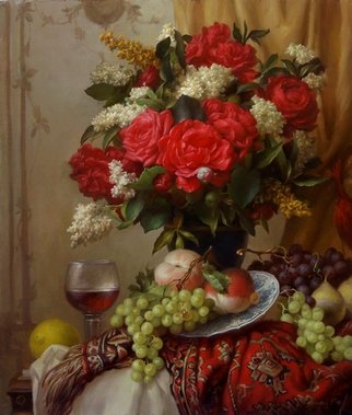 Dmitry Sevryukov: 'red roses', 2018 Oil Painting, Floral. Realism needs rehabilitation and a Flemish- style still life is exactly what is needed for this. I try to work with respect to the masters of previous eras and to the standards of painting of the Middle Ages. I hope that what I do will appeal to lovers of painting ...