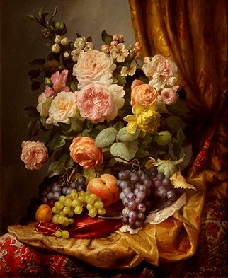 Dmitry Sevryukov: 'yellow drapery roses', 2017 Oil Painting, Still Life. Realism needs rehabilitation and a Flemish- style still life is exactly what is needed for this. I try to work with respect to the masters of previous eras and to the standards of painting of the Middle Ages. I hope that what I do will appeal to lovers of painting ...