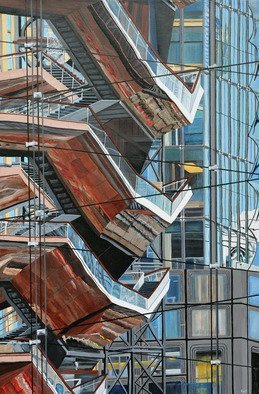 Steven Fleit: 'hudson yards reflection 4', 2019 Acrylic Painting, Cityscape. A unique walkway located at the Hudson Yards project in New York City, reflected off of adjacent buildings. This walkway is part of or close to, The Shed, a gallery entertainment complex. The varied colors and textures were quite interesting and fun to paint. ...