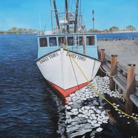 Steven Fleit: 'newburyport fishing boat', 2019 Acrylic Painting, Seascape. Artist Description: A fishing boat in Newburyport, MA sitting dockside with ice paddies between the dock and the hull. fishing, boats, sea, MA...