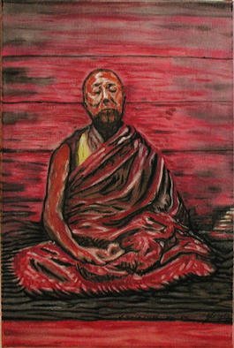 Richard Lazzara: 'dalai lama meditating', 2001 Acrylic Painting, Healing.  The Dalai Lama meditates in a red stained room, his eyes gaze off the the end of of his nose, the song is' om mani padme hum' . This portrait is one among many sages featured with 