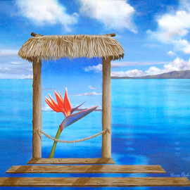 Sharon Ebert: 'Hidden Paradise', 2006 Acrylic Painting, Surrealism. Artist Description:     surreal, surrealism, seascape, hibiscus, hut, bure, posts, rope, blue, mountains, clouds water, mountains, window, room, sky, Fiji    ...