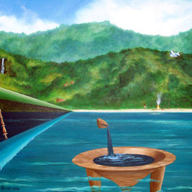 Sharon Ebert: 'Tanoa, Spear, Plane', 2006 Acrylic Painting, Surrealism. Artist Description:      surreal, surrealism, seascape, tanoa, spear, plane, Fijians, Fiji, ocean, sea, fire, fishing, huts, old, new, mountains, waterfall    ...